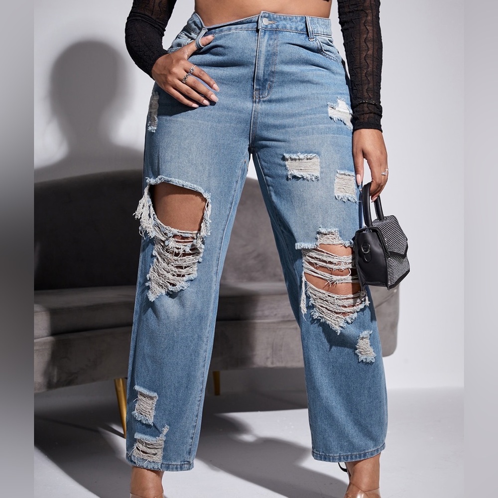 Shein SXY Plus High Waist Ripped Straight Leg Jeans | Size 2XL